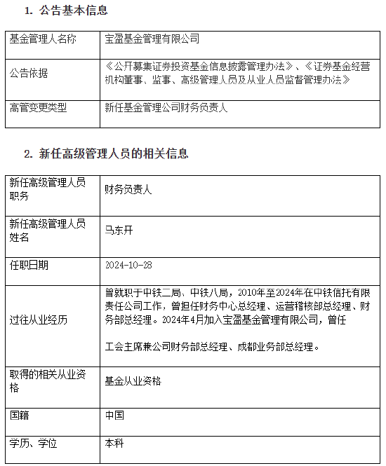 宝盈基金新任马东开为财务负责人